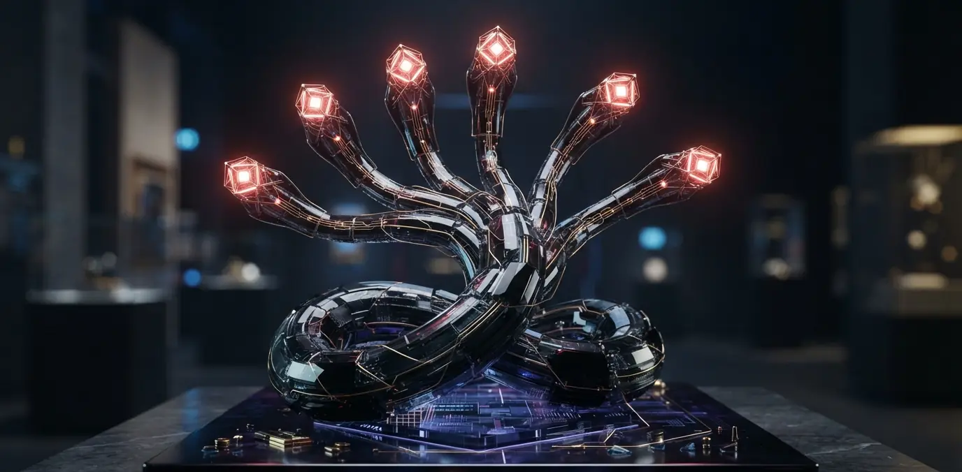 Hydra key art: a seven-headed chrome hydra on a circuit plinth