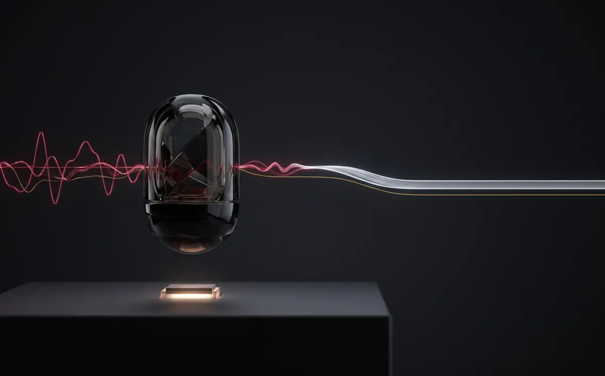 Parlay key art: a glass microphone capsule turning a claret speech waveform into a clean line of light